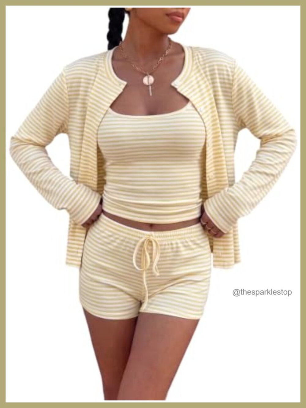 3 Piece Striped Cardigan Cami & Shorts Set Slim Fit Casual Lounge